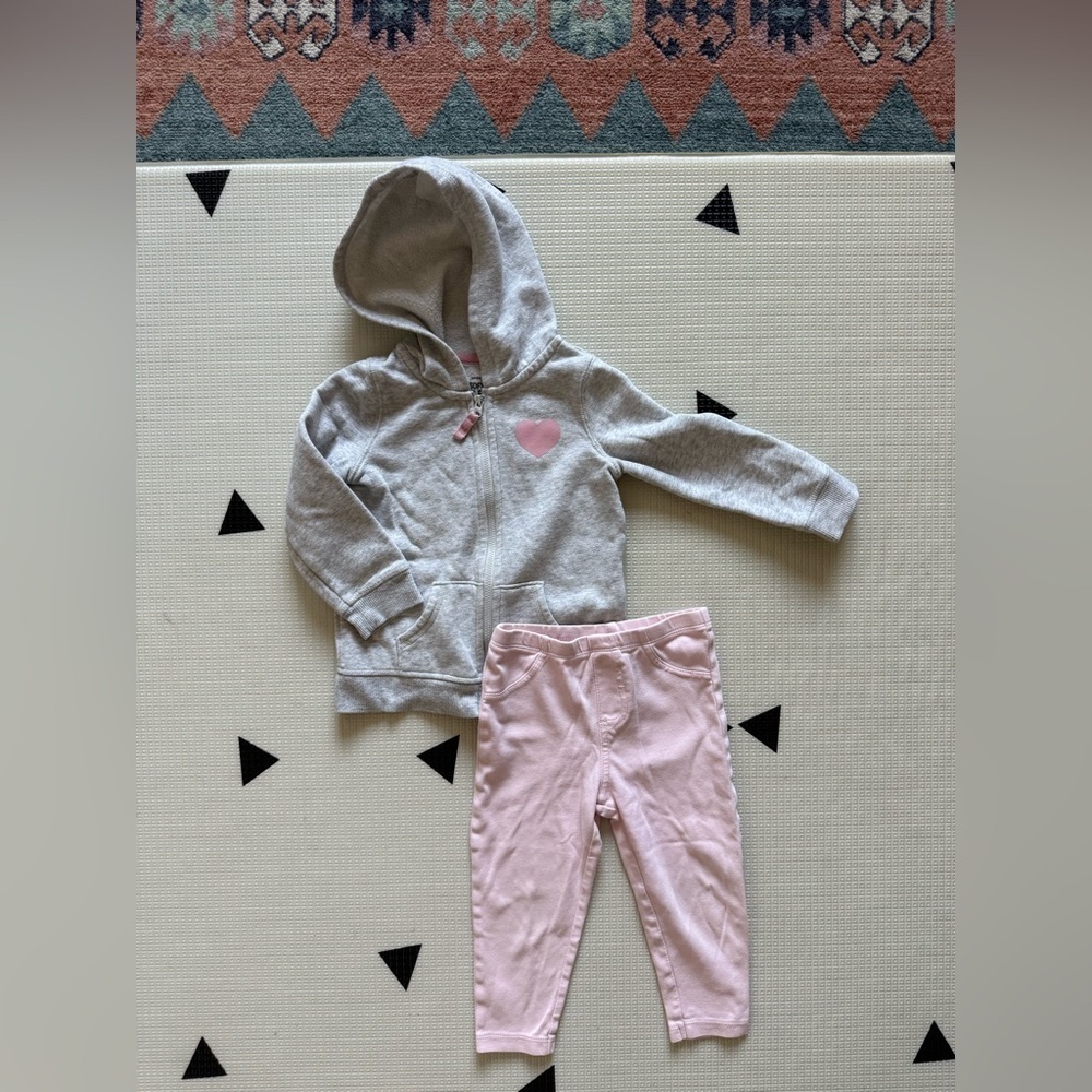 Carter’s|Baby girl,toddler Gray zip Hoodie sweater w simple heart & pink legging